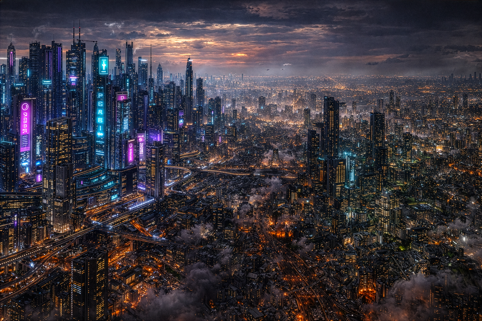 Towering megabuildings in a densely packed urban sprawl spanning across the horizon