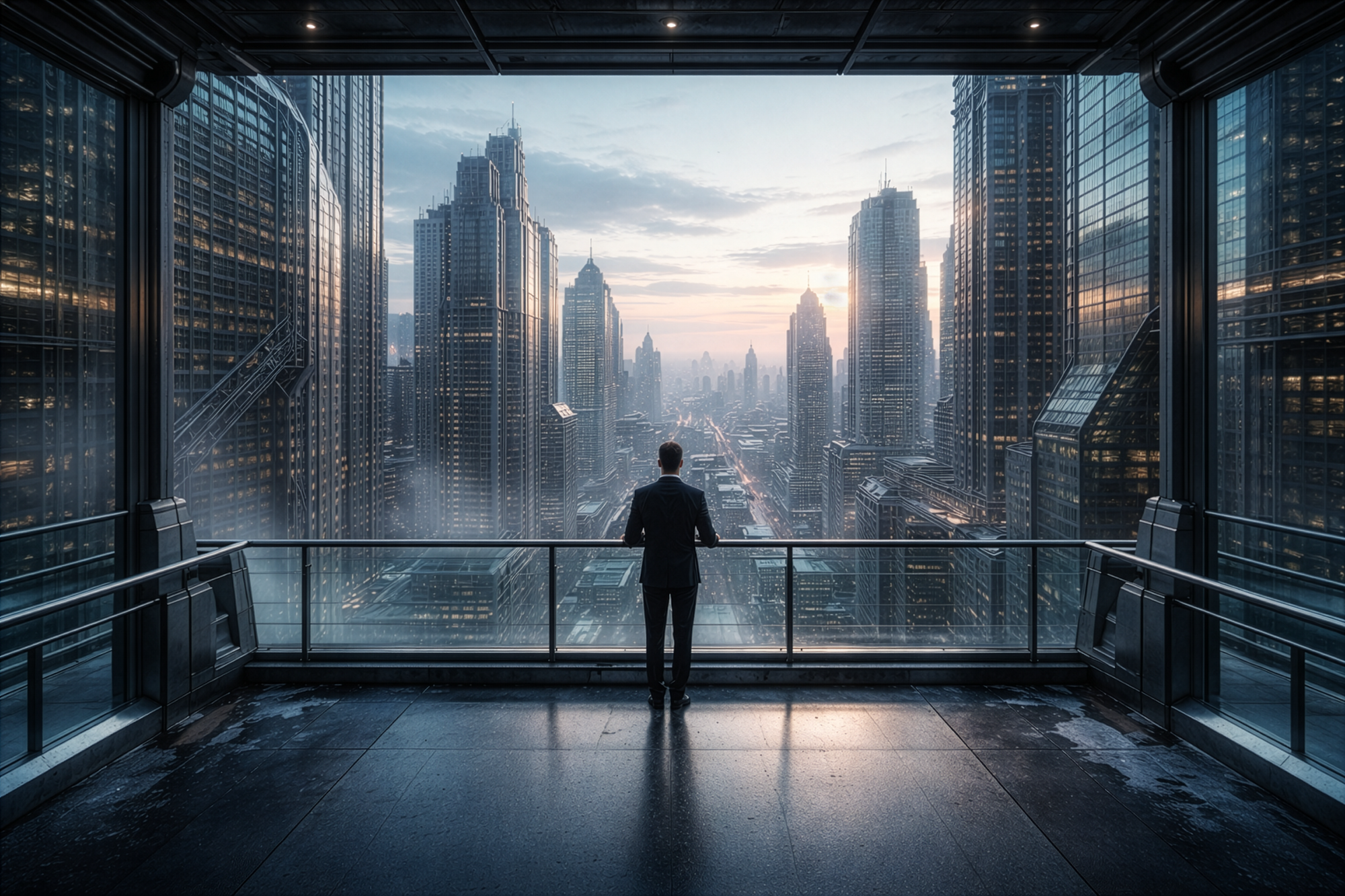 Yarmin stands in his corporate executive suite, with a luxurious skyline view.  He works in some of the upper most stratums of Detroit Megacity society.  Distant buildings as far as the eye can see.  Stunning sunrise.