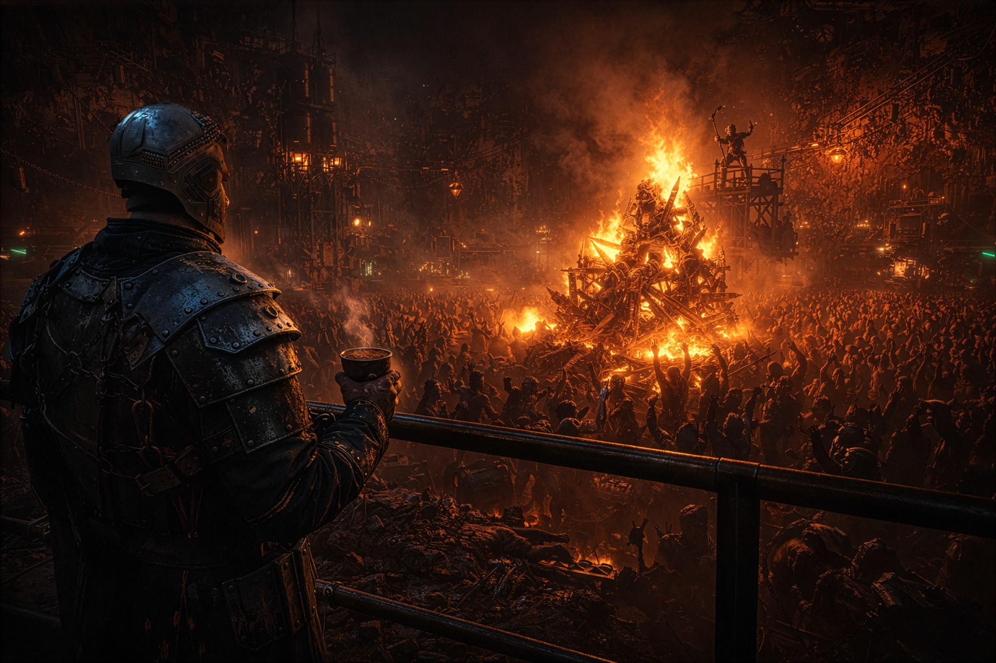 Jacke stands watching over his people worshipping a burning effigy.  King Sabu chants on a podium above the fire.  Hundreds of people crowd around the fire.  Jacke drinks a hot cup of grease.