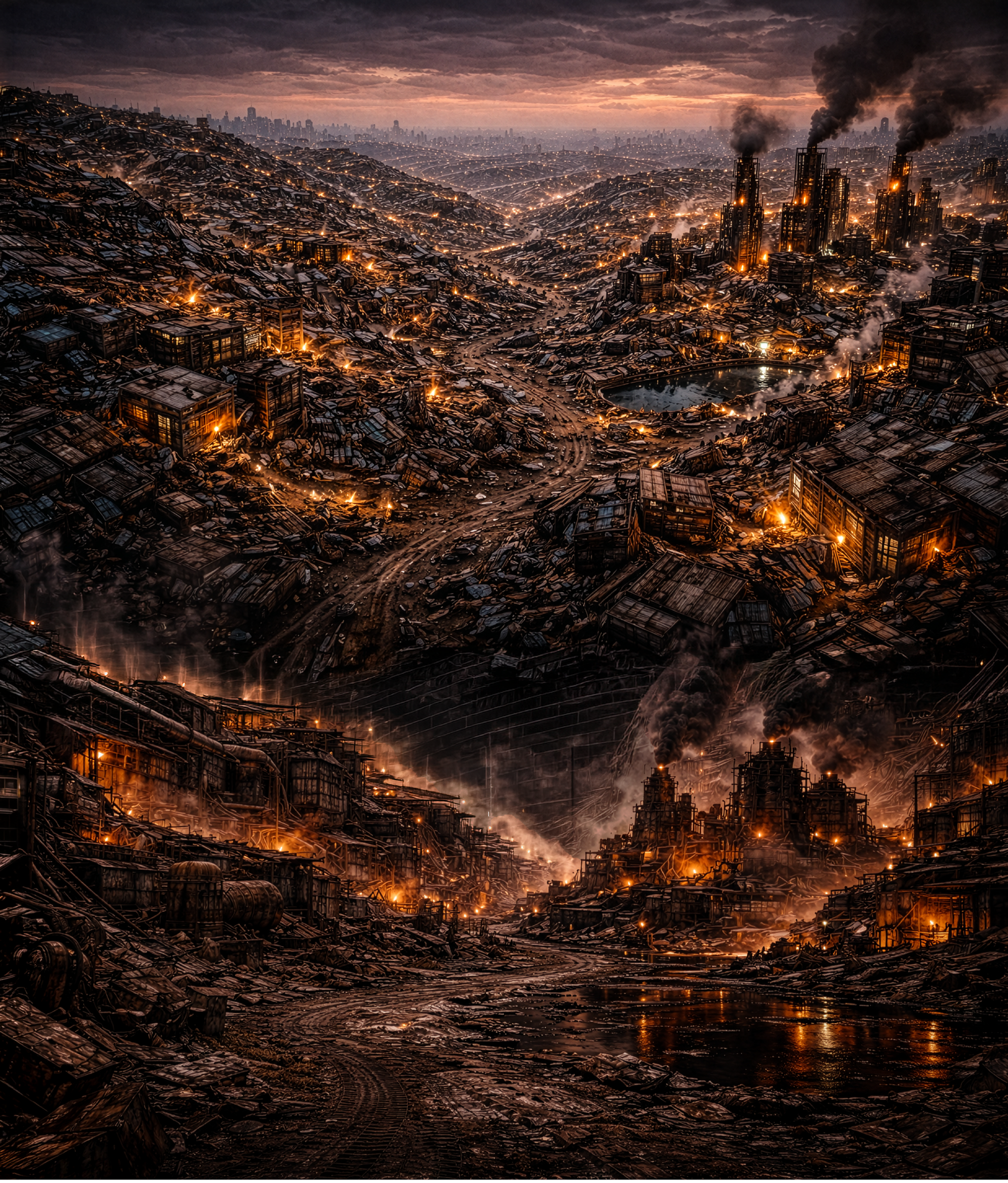 Pollutive Refinery within a enormous scrap yard.  Large tire tracks, fuel tanks, and pools of oil soak into the ground. 