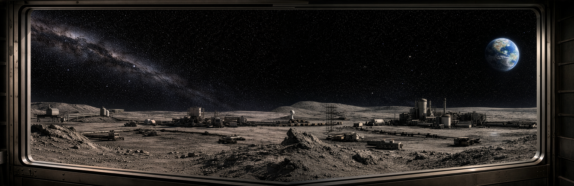 A wide viewport looking over the lunar mining facility, the Milky Way and the Earth can be seen on the horizon.