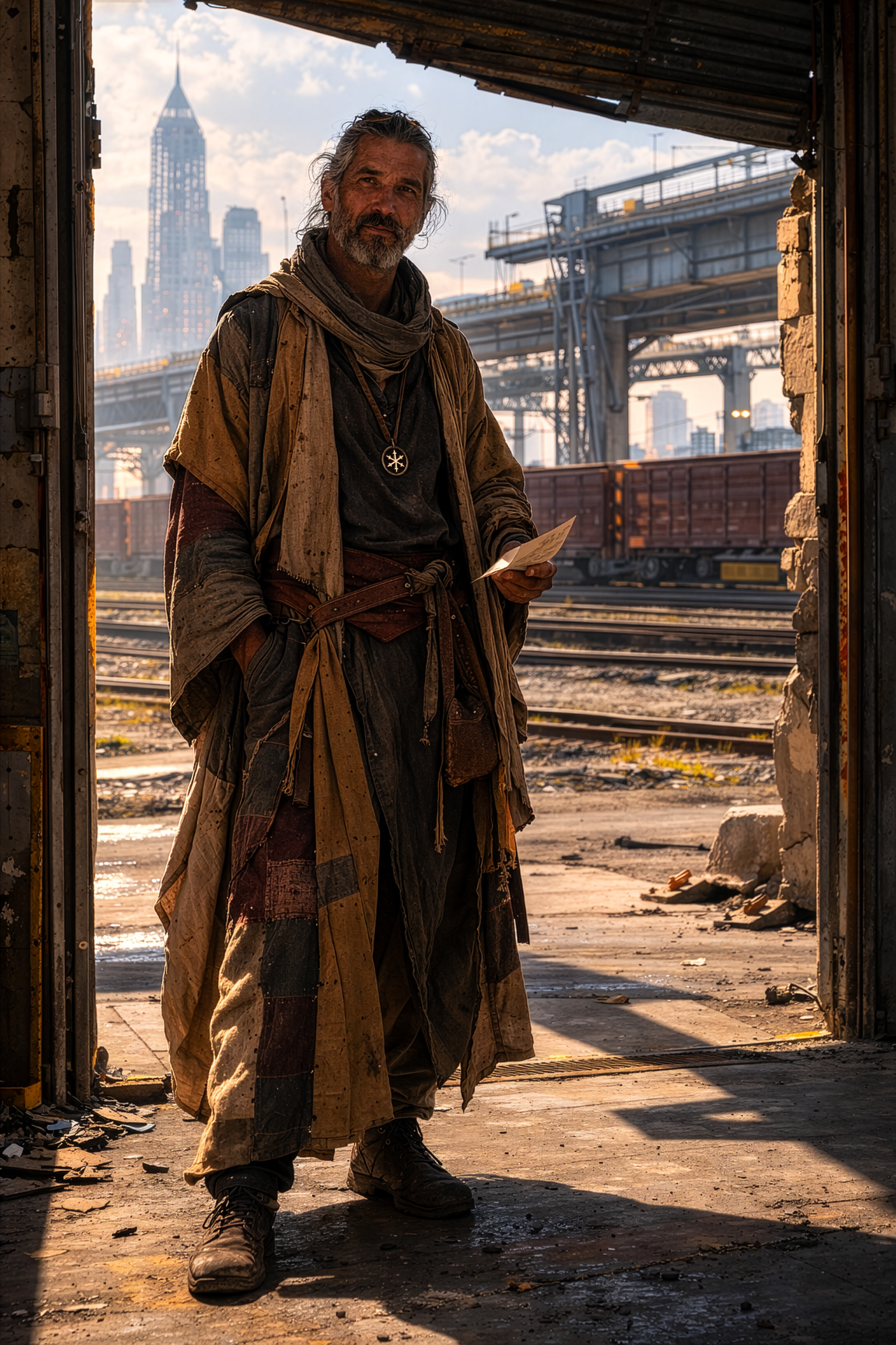 The robed mystery Man stands in the doorway, with industrial trainyard behind him. An old order member.