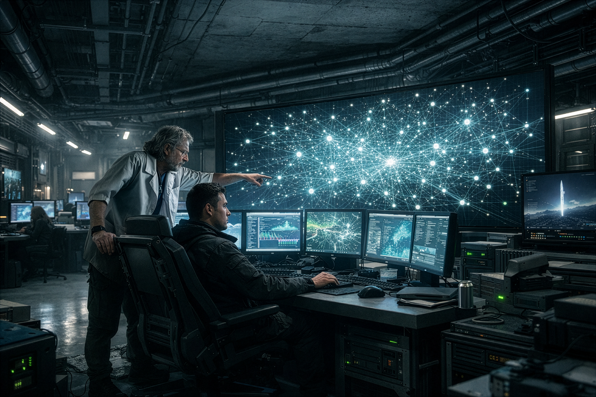 Mad Trace and Virtu look many computer screens displaying the Neurosymbolic Inversion knowledge engine. Primarily blue hues and beams of light in a lattice network formation.