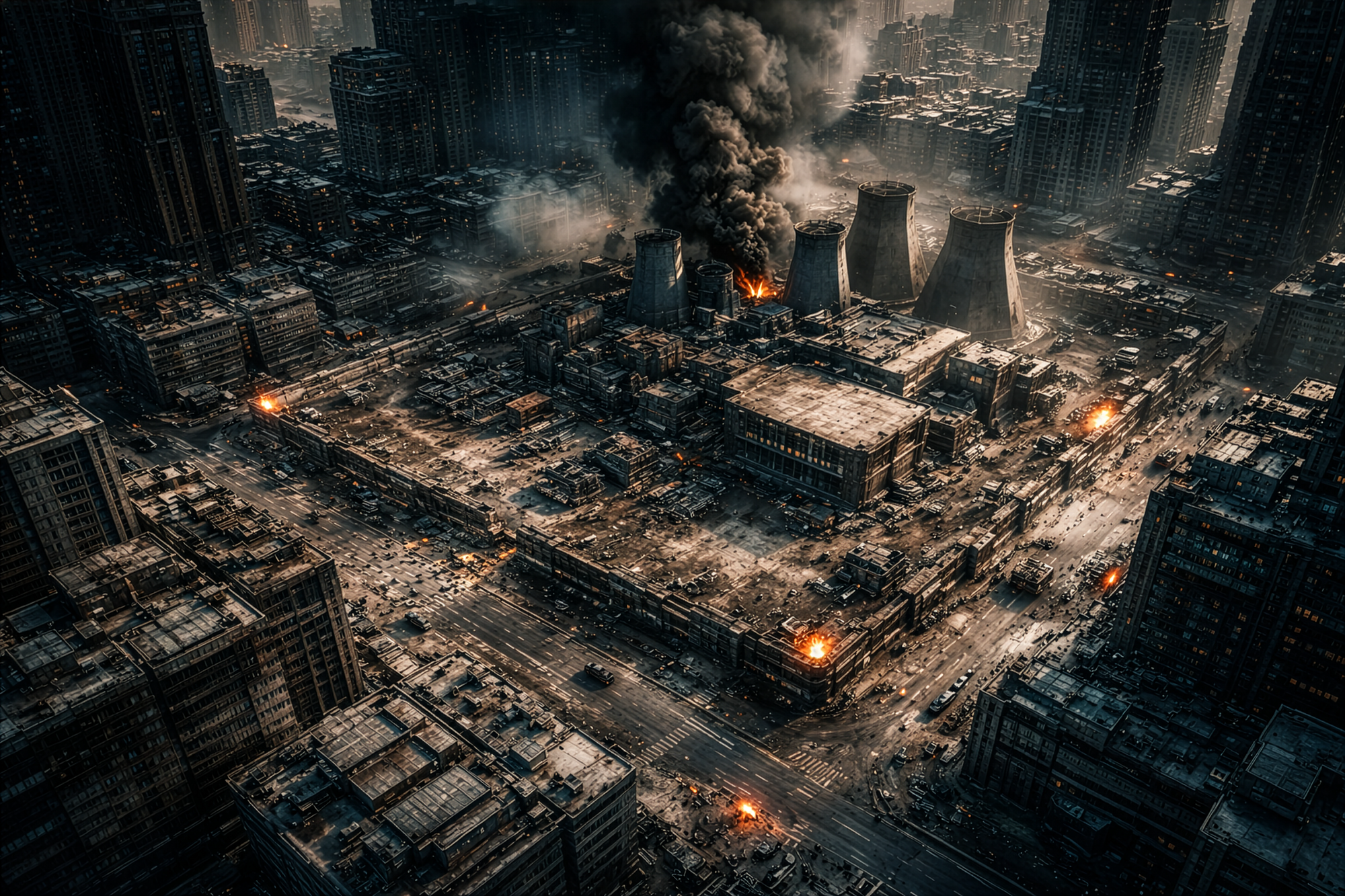 Aerial view of the power station battle within Narva-G sector. Smoke can be seen rising from the main complex. Buildings surround it.