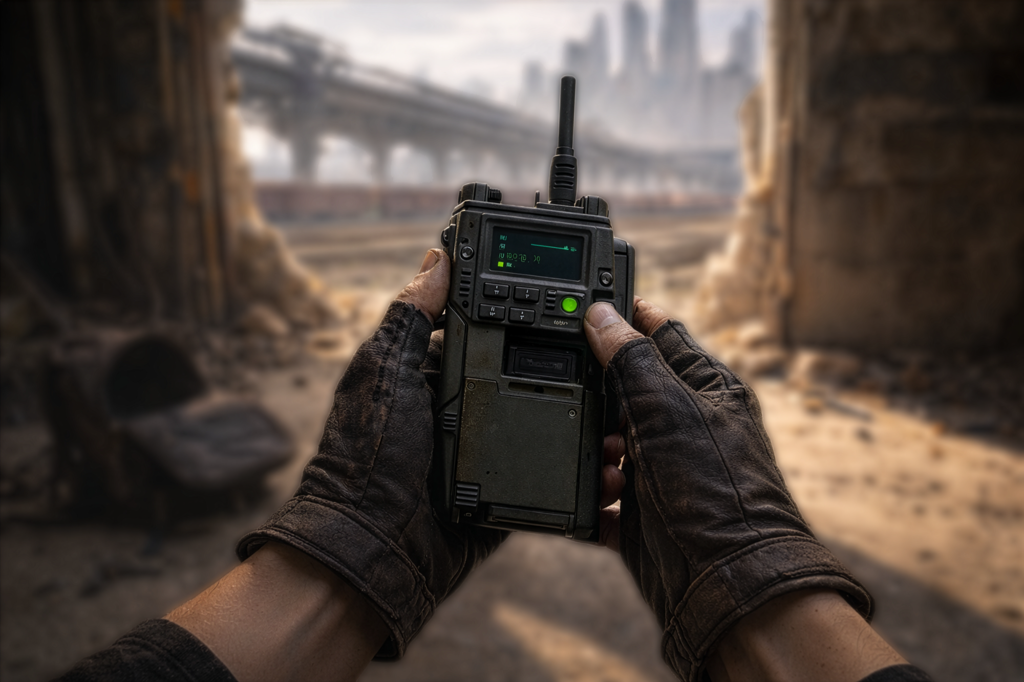 Kera examines her new high-tech radio. Trainyard in background is blurred, out of focus.