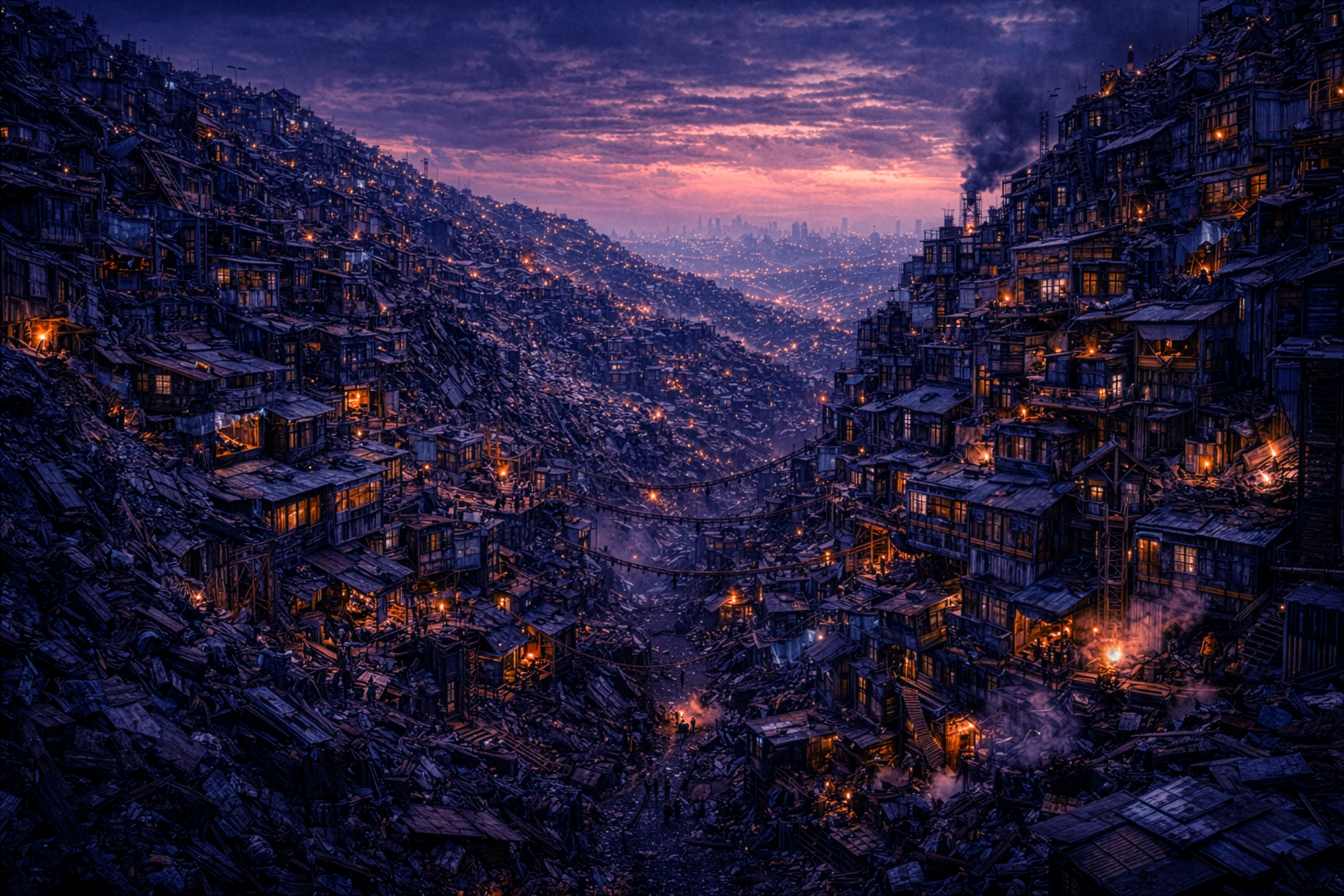 Enormous shanty town within Detroit Megacity.  Rolling hills covered in makeshift shacks, stacked densely like Kowloon Walled City.