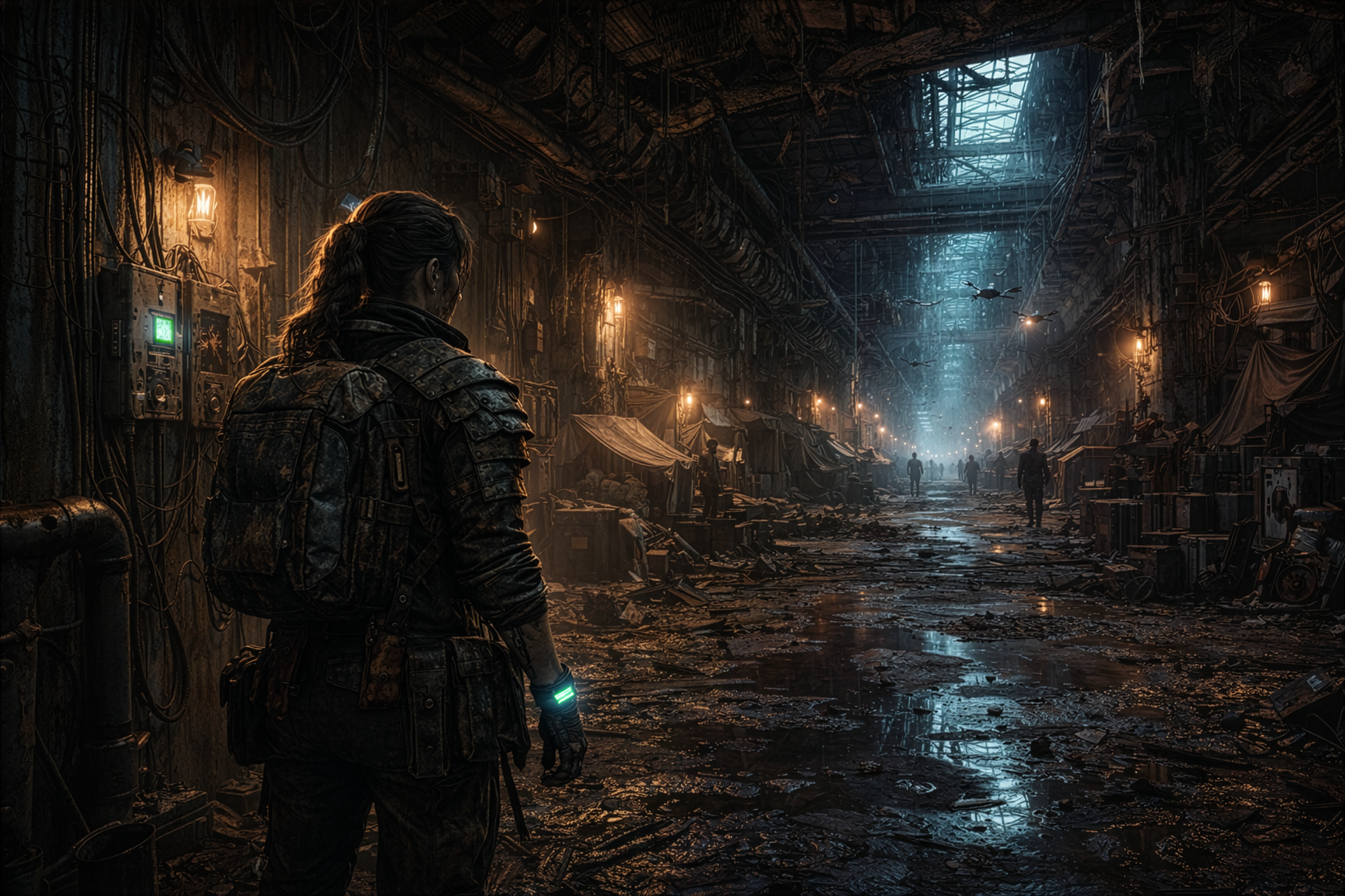 Kera, a poor scavenger within the urban underground and bottom stratum of Detroit Megacity, lives in a communal tent city in deplorable conditions, puddles of filth and debris.  Shoddy electronics. Low quality gear. 