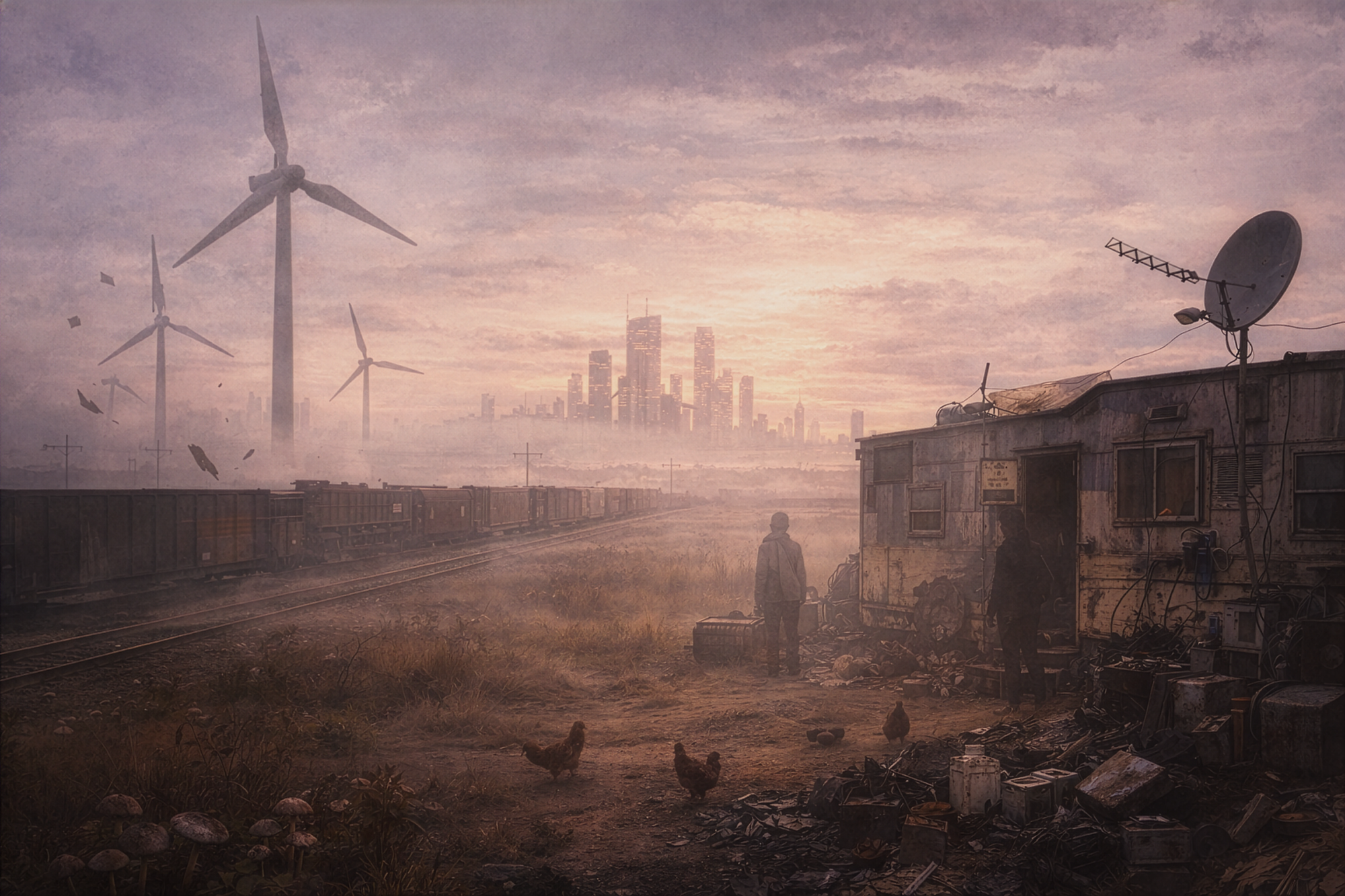 Sonnys faded memory of Short Circuits moms house, in a remote impoverished region of the Outer Badlands of Great Lakes Autonomous Zone. Windturbines, freight train, trailer house, satellite dish, distant city skyline.