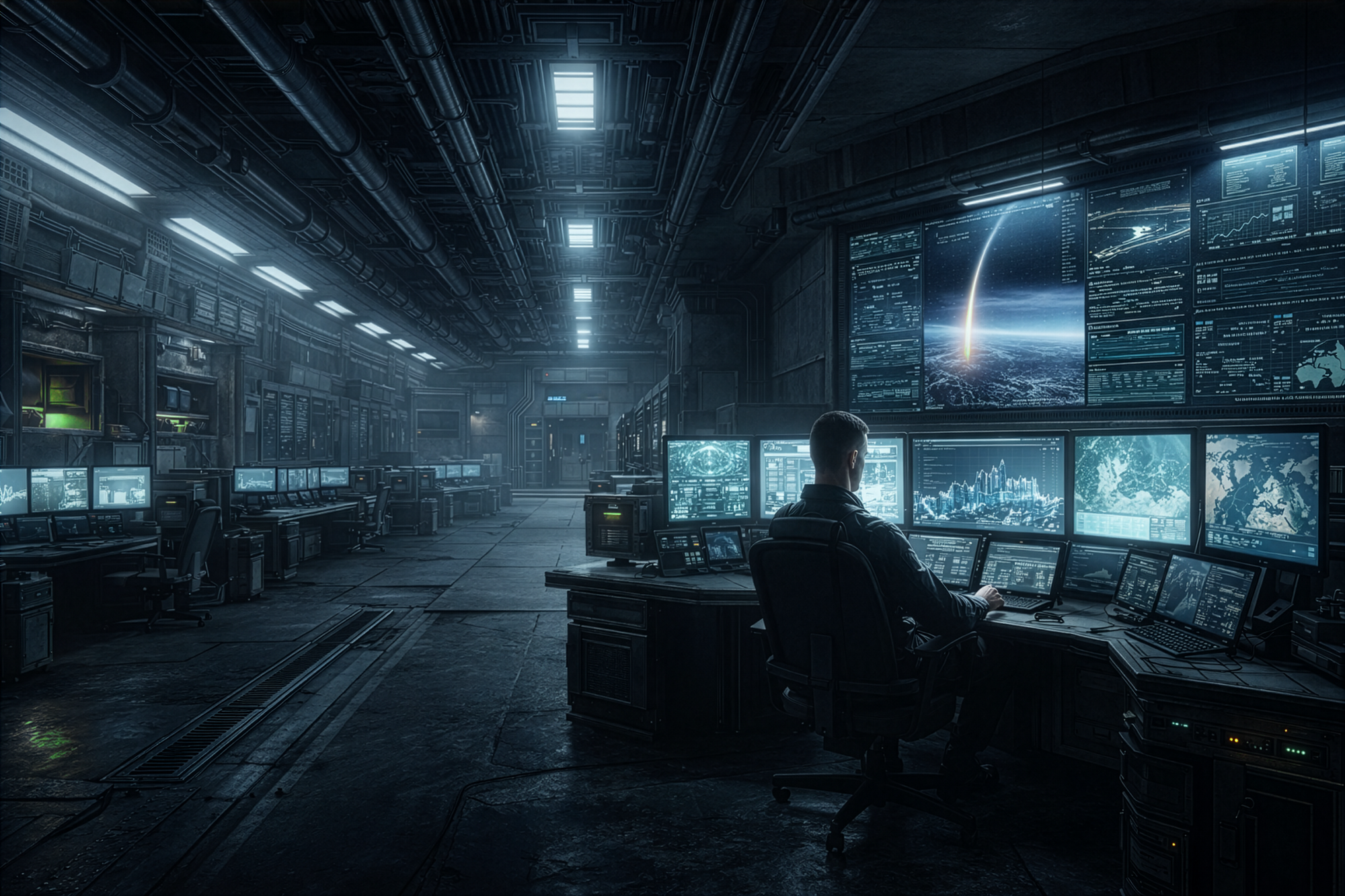 A deep computation bunker within the Zephyrion Enclave, over 25 computer monitors, a lone individual sits at a large desk.  Utilitarian steel bunker, artificial lighting.