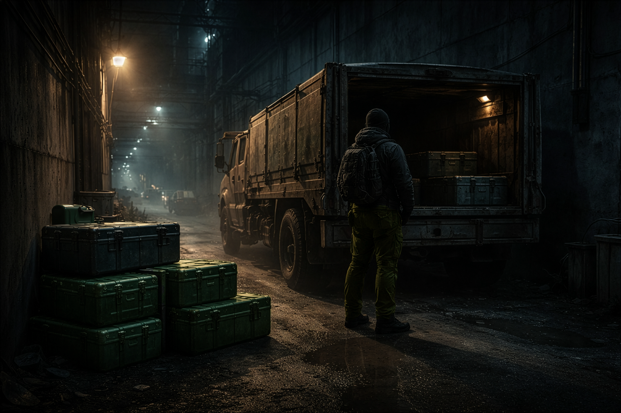 A mysterious man unloads a military style truck in a dark alley.