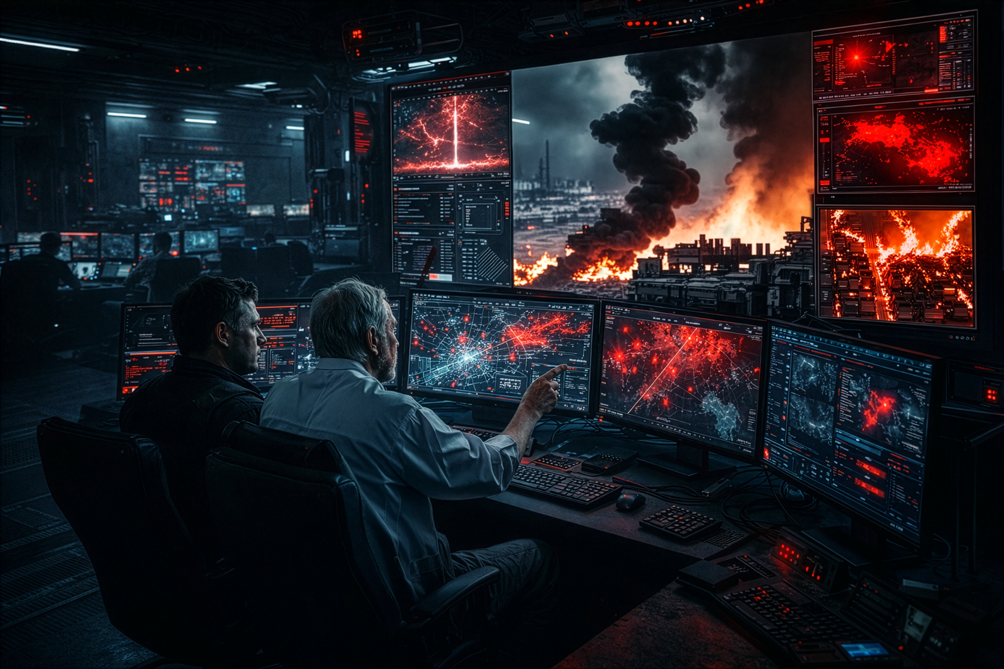 Monitors displaying dense information and video from the battle of Narva-G power station.