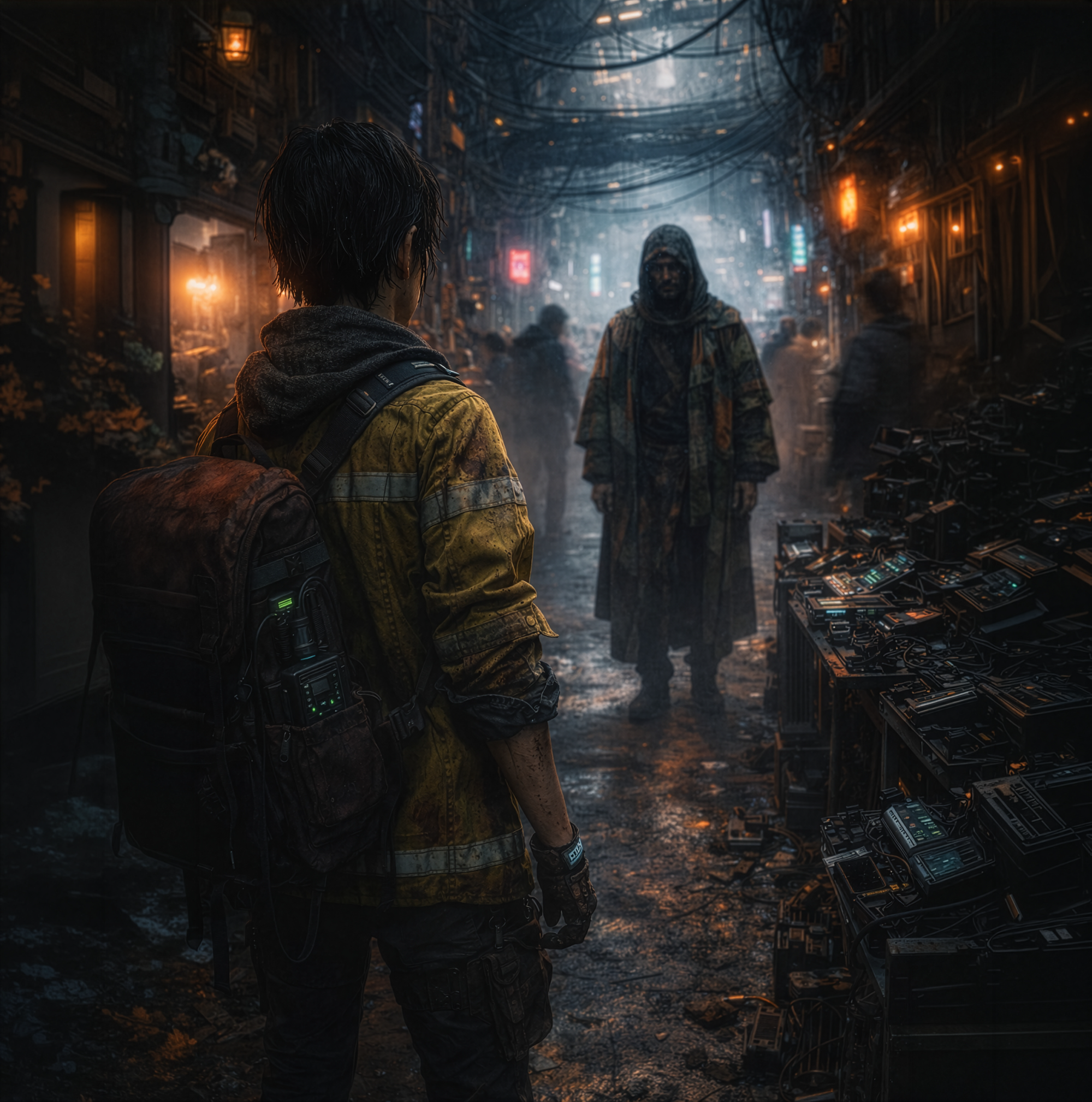 Kera, a grungy scavenger, meets Master Will, a robed mystery man, in the flea market.