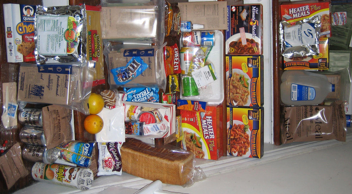 A stockpile of foods often found in homes, with additional Military and Civilian MRE.  A wide variety of various foods and snacks