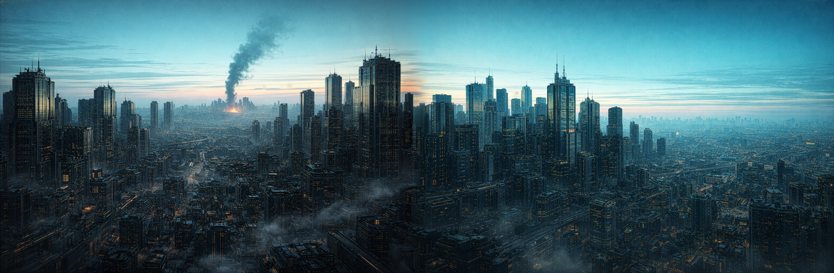 An epic city skyline, as far as the eye can see, possibly hundreds of miles, in the distance Acropolis burns.  The sky is clear, and serene.  The morning sun rises. 