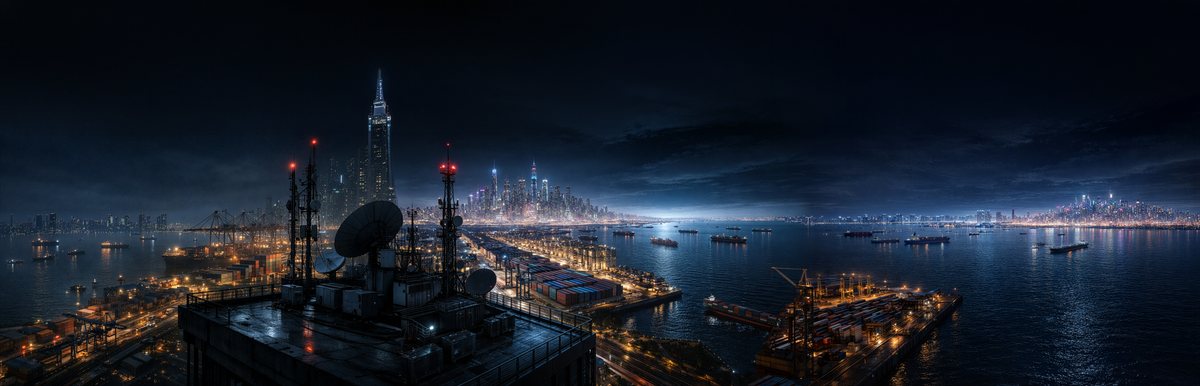 The massive shipping yard lit up at night as the sun begins to rise.  Cargo ships are waiting to dock.