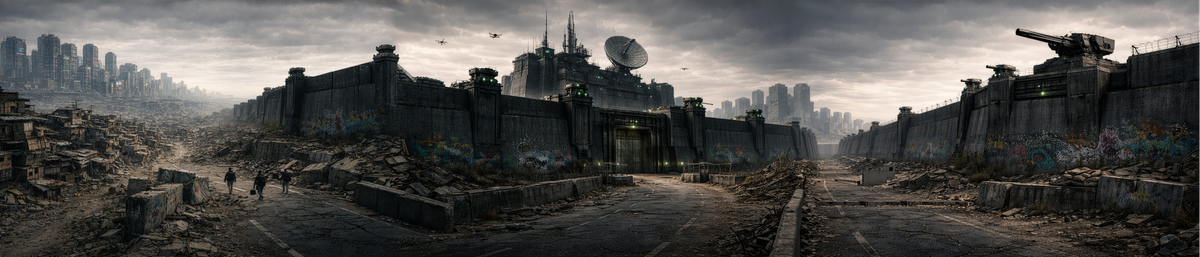 Large steel and concrete walls with turrets, gloomy landscape with graffiti and piles of rubble debris.