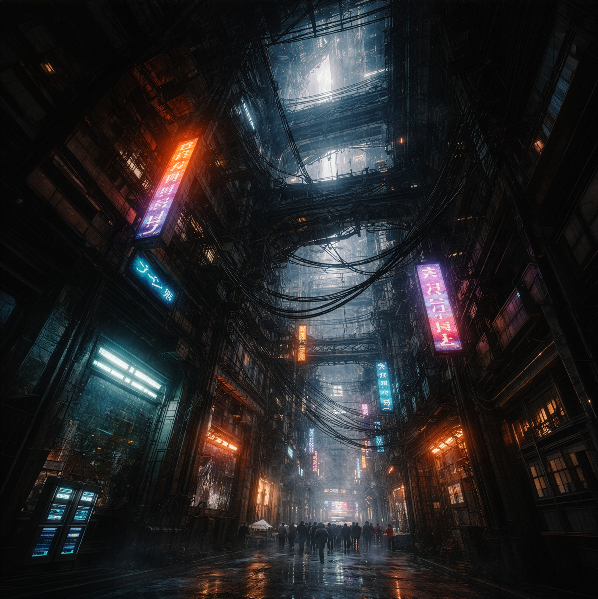 A neon lit cyberpunk alley in a densely urban area; huge buildings on each side with almost no sky visible.