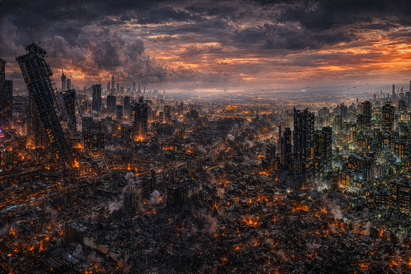 An extremely dense urban cyberpunk megacity with destroyed buildings, husks, as well as brightly lit buildings in a grandiose wide angle perspective.