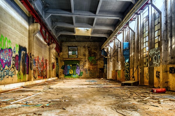 A large industrial room, brightly lit from natural sunlight, debris litters the dirt covered floor, concrete walls with spray paint graffiti. 