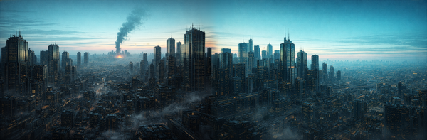 An epic city skyline, as far as the eye can see, possibly hundreds of miles, in the distance Acropolis burns.  The sky is clear, and serene.  The morning sun rises. 